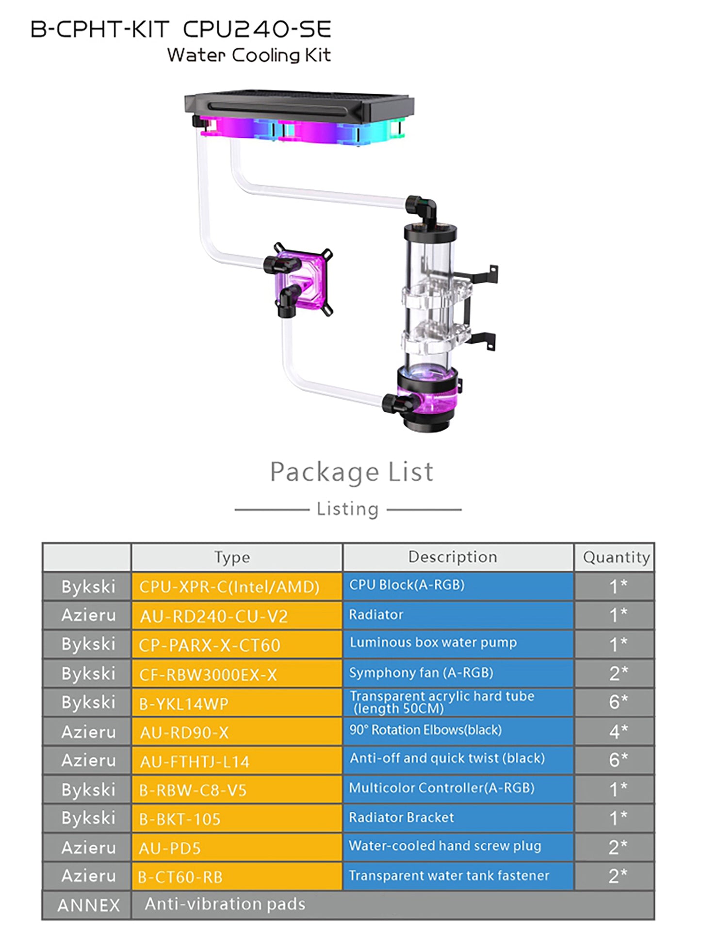 Kit de refroidissement par eau Bykski, kit de tube dur ensemble complet de blocs GPU Intel / AMD pour système de refroidissement d'ordinateur lecteur Super PC, B-HTRGB-KIT