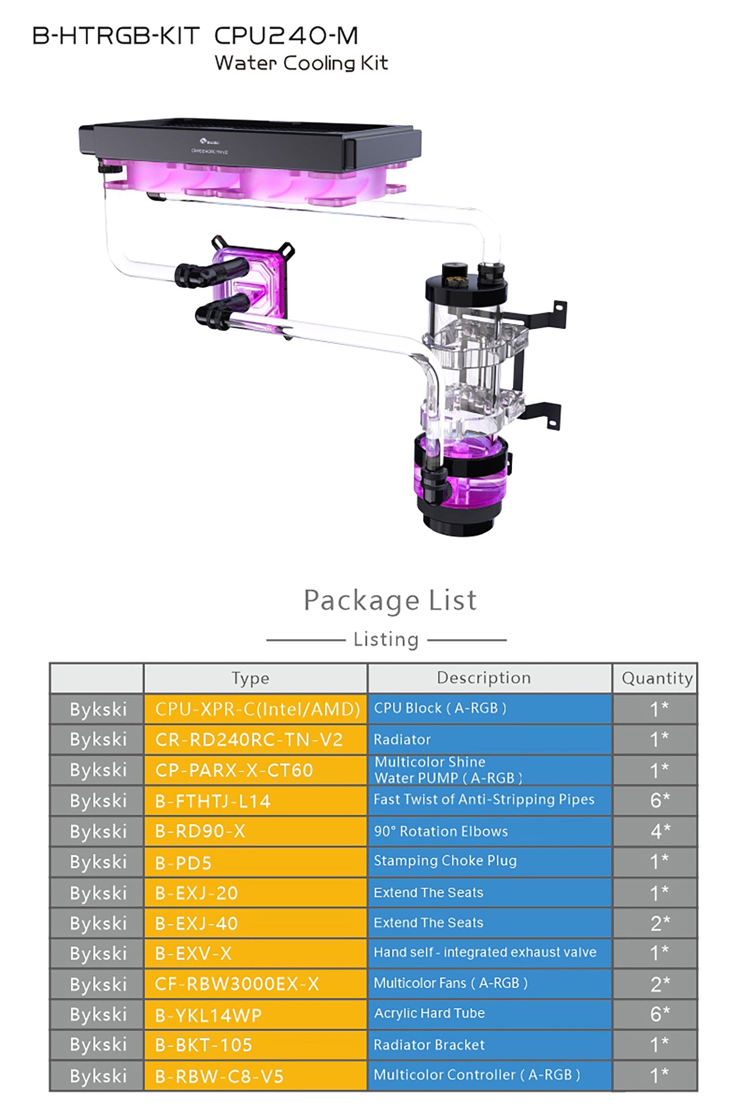 Kit de refroidissement par eau Bykski, kit de tube dur ensemble complet de blocs GPU Intel / AMD pour système de refroidissement d'ordinateur lecteur Super PC, B-HTRGB-KIT