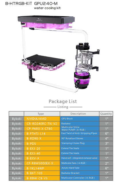 Kit de refroidissement par eau Bykski, kit de tube dur ensemble complet de blocs GPU Intel / AMD pour système de refroidissement d'ordinateur lecteur Super PC, B-HTRGB-KIT