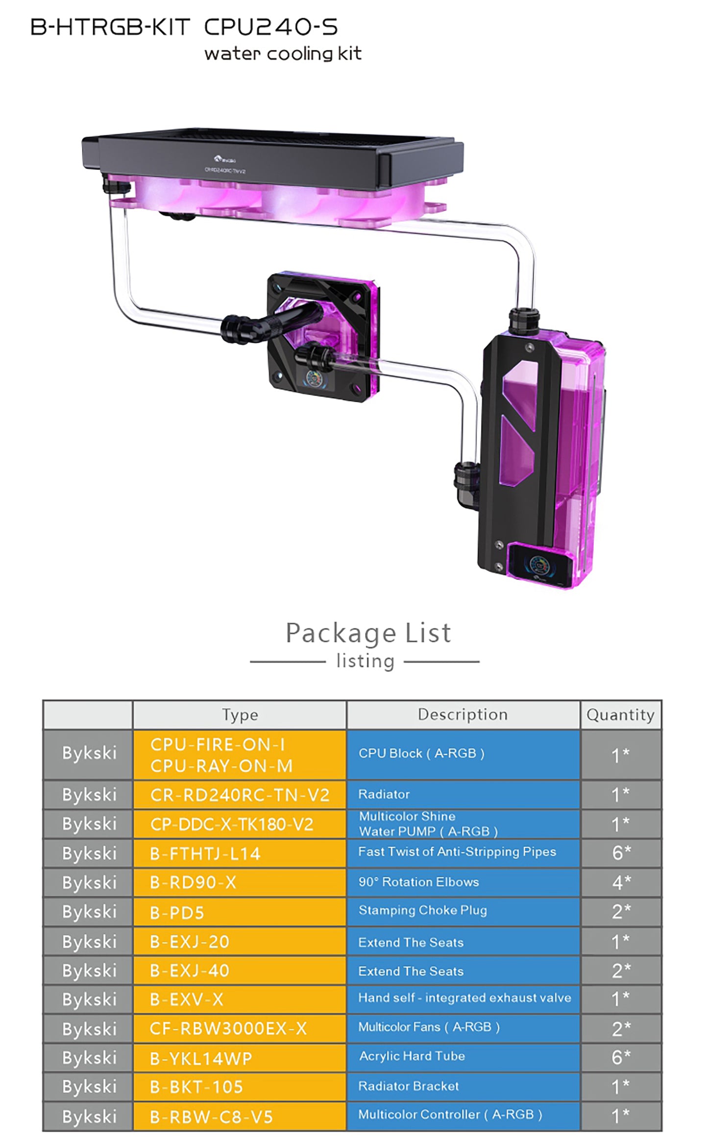 Kit de refroidissement par eau Bykski, kit de tube dur ensemble complet de blocs GPU Intel / AMD pour système de refroidissement d'ordinateur lecteur Super PC, B-HTRGB-KIT