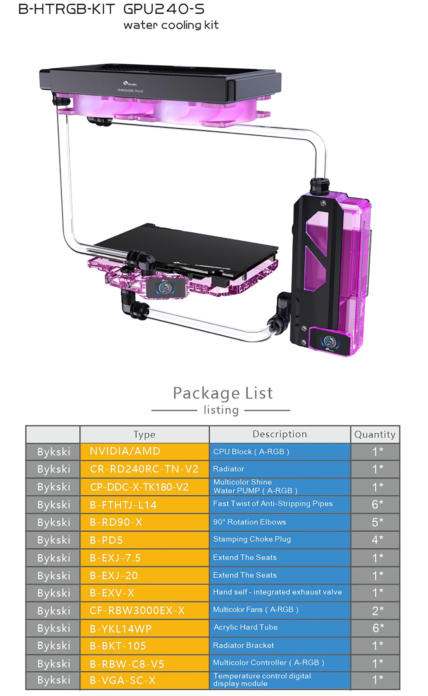 Kit de refroidissement par eau Bykski, kit de tube dur ensemble complet de blocs GPU Intel / AMD pour système de refroidissement d'ordinateur lecteur Super PC, B-HTRGB-KIT