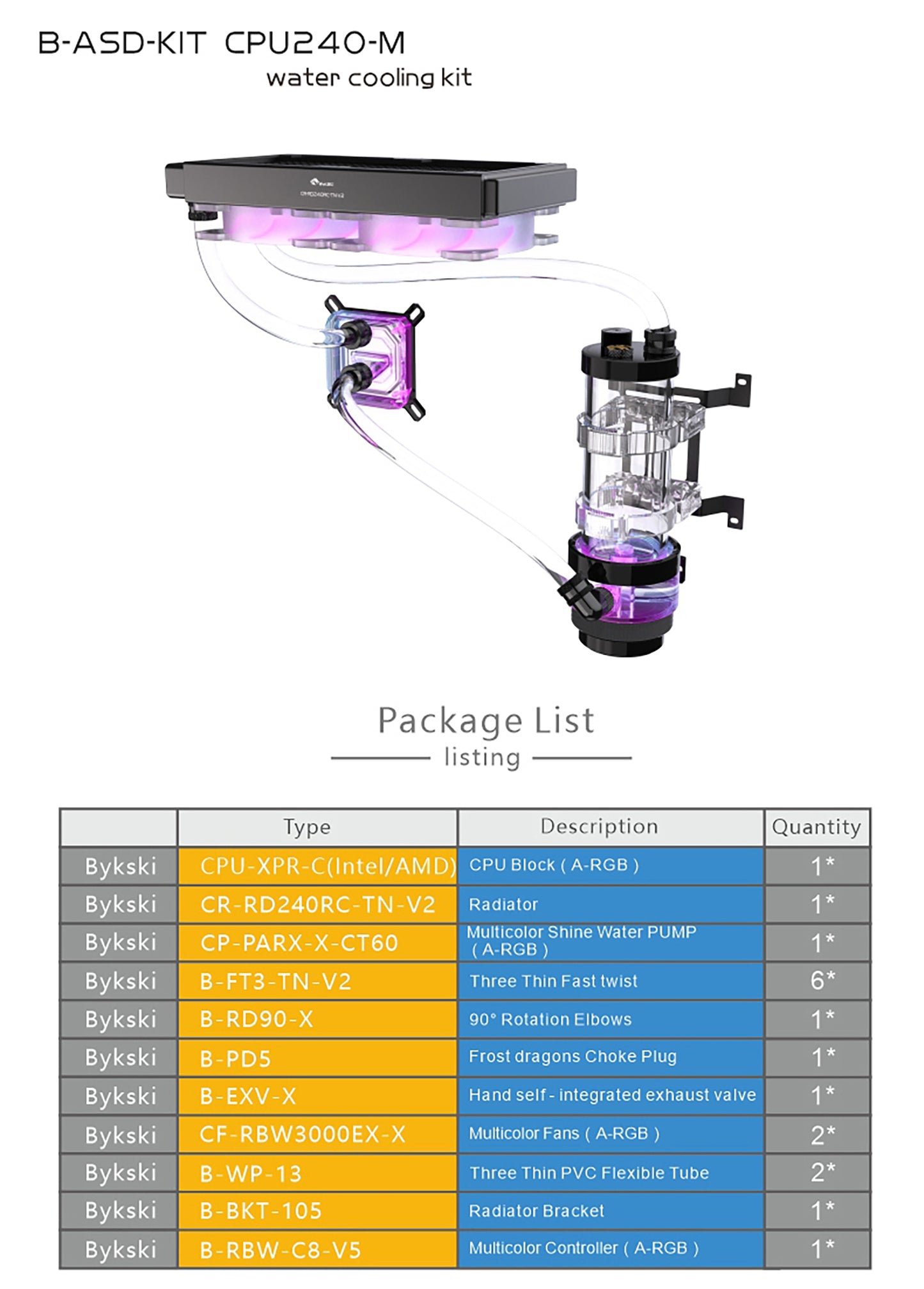 Kit de refroidissement par eau Bykski, kit de tube dur ensemble complet de blocs GPU Intel / AMD pour système de refroidissement d'ordinateur lecteur Super PC, B-HTRGB-KIT