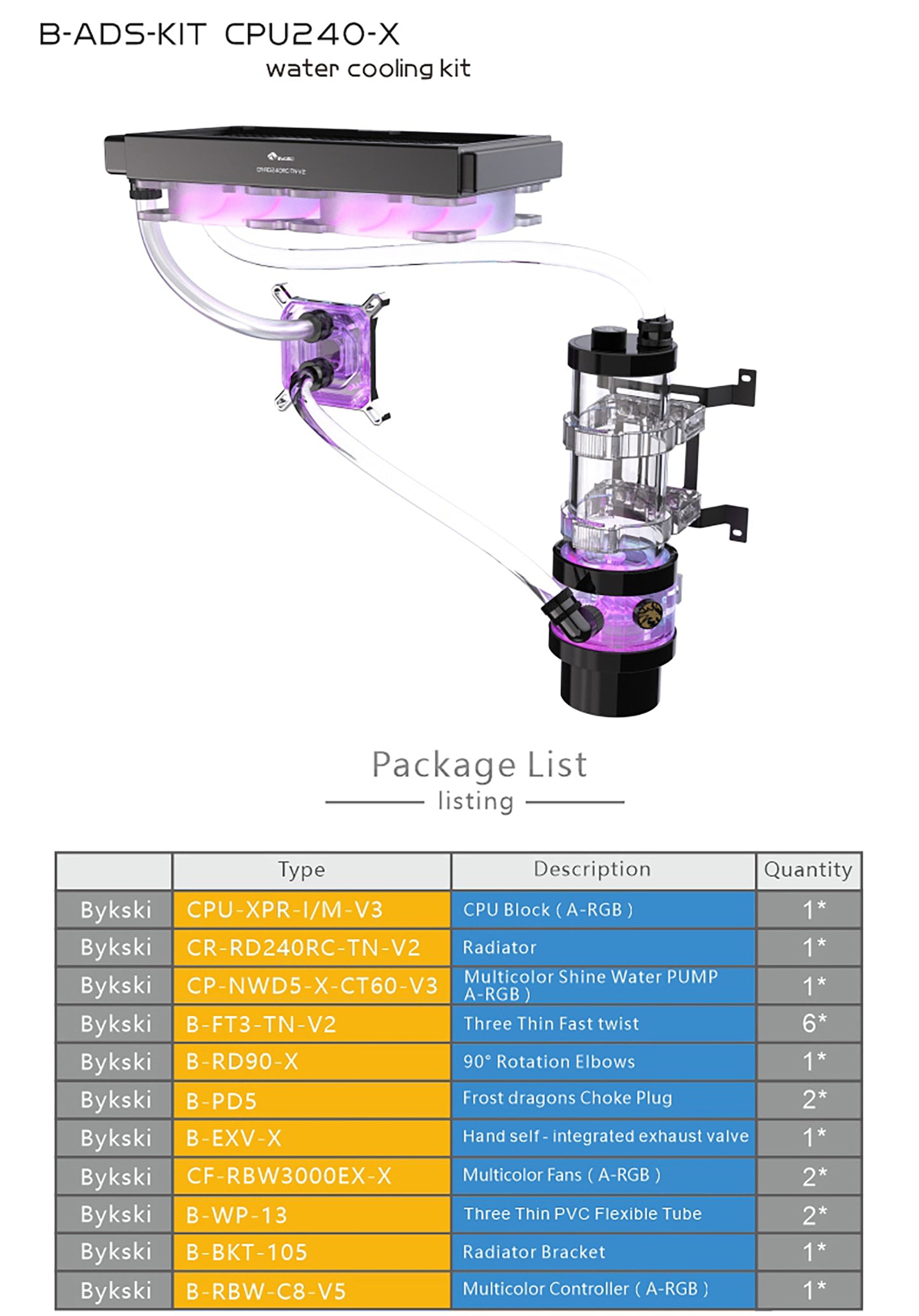 Kit de refroidissement par eau Bykski, kit de tube dur ensemble complet de blocs GPU Intel / AMD pour système de refroidissement d'ordinateur lecteur Super PC, B-HTRGB-KIT