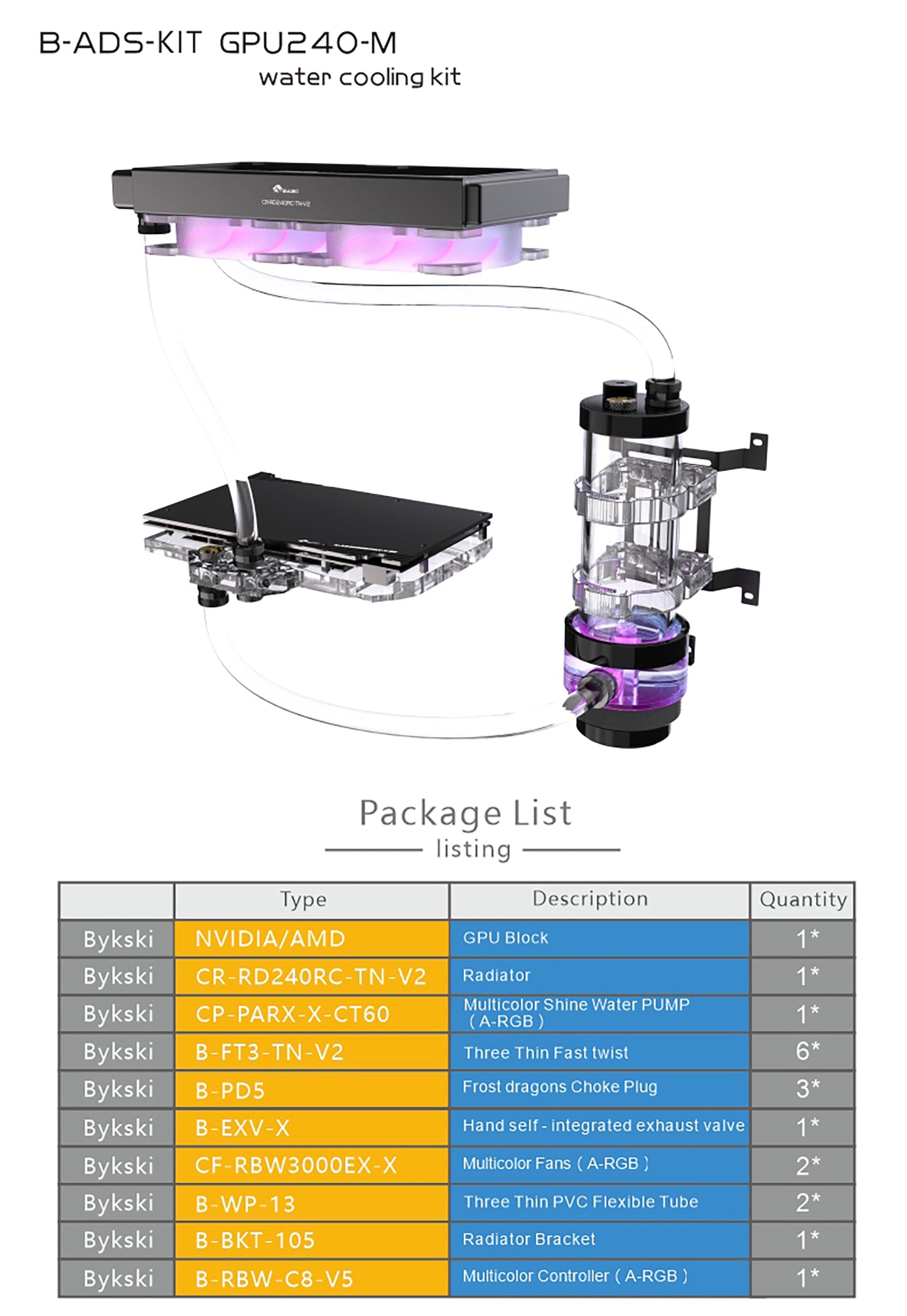 Kit de refroidissement par eau Bykski, kit de tube dur ensemble complet de blocs GPU Intel / AMD pour système de refroidissement d'ordinateur lecteur Super PC, B-HTRGB-KIT