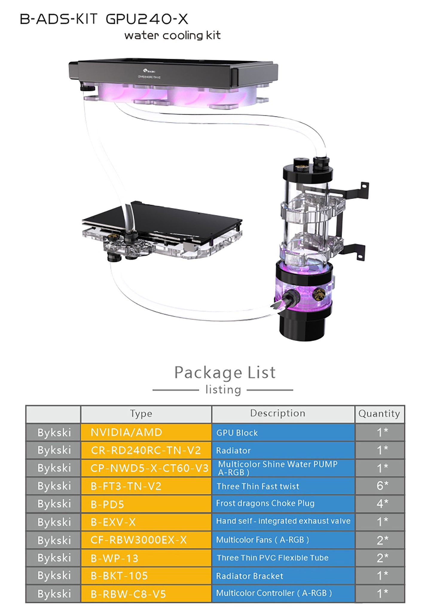 Kit de refroidissement par eau Bykski, kit de tube dur ensemble complet de blocs GPU Intel / AMD pour système de refroidissement d'ordinateur lecteur Super PC, B-HTRGB-KIT