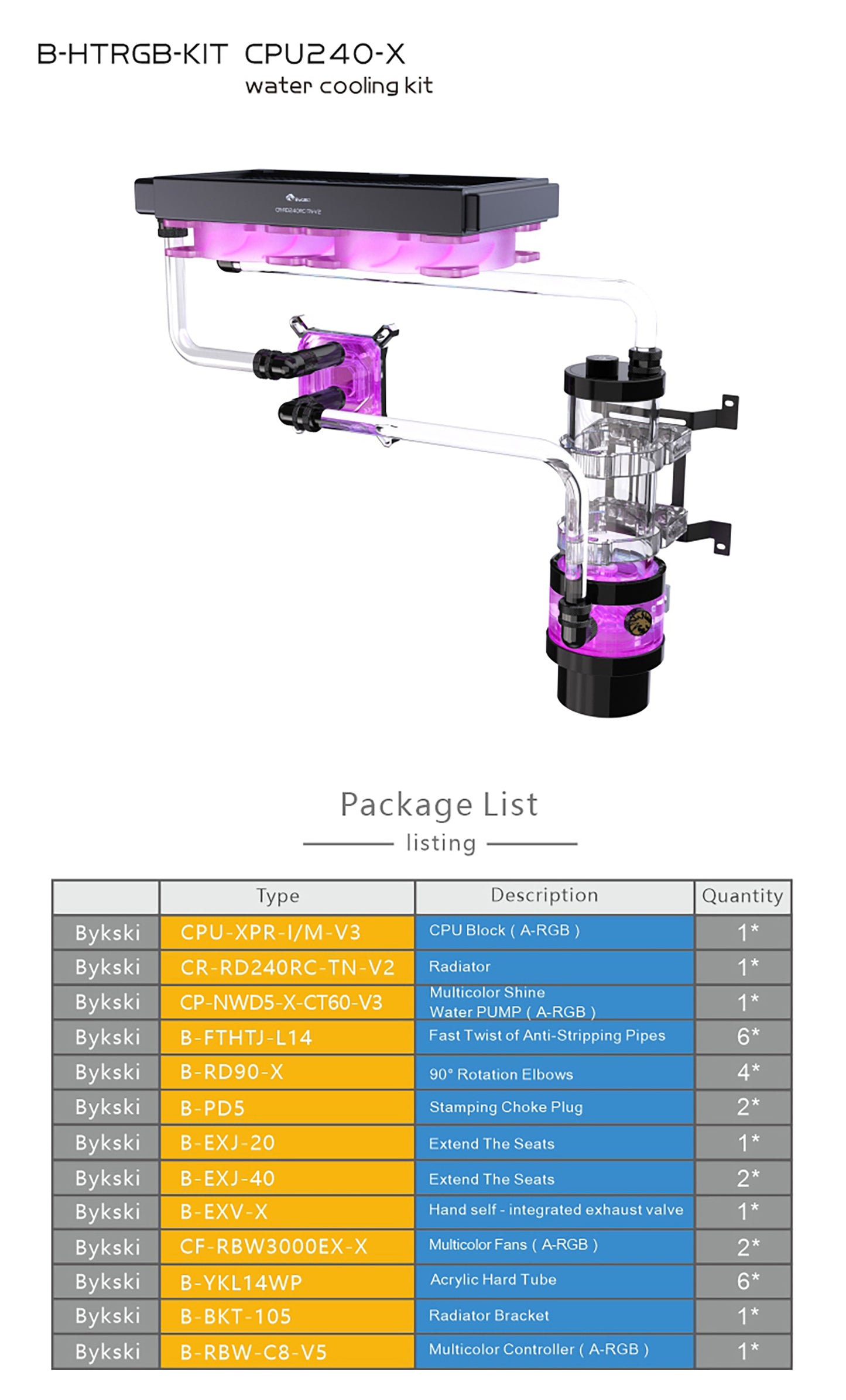 Kit de refroidissement par eau Bykski, kit de tube dur ensemble complet de blocs GPU Intel / AMD pour système de refroidissement d'ordinateur lecteur Super PC, B-HTRGB-KIT