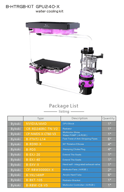 Kit de refroidissement par eau Bykski, kit de tube dur ensemble complet de blocs GPU Intel / AMD pour système de refroidissement d'ordinateur lecteur Super PC, B-HTRGB-KIT