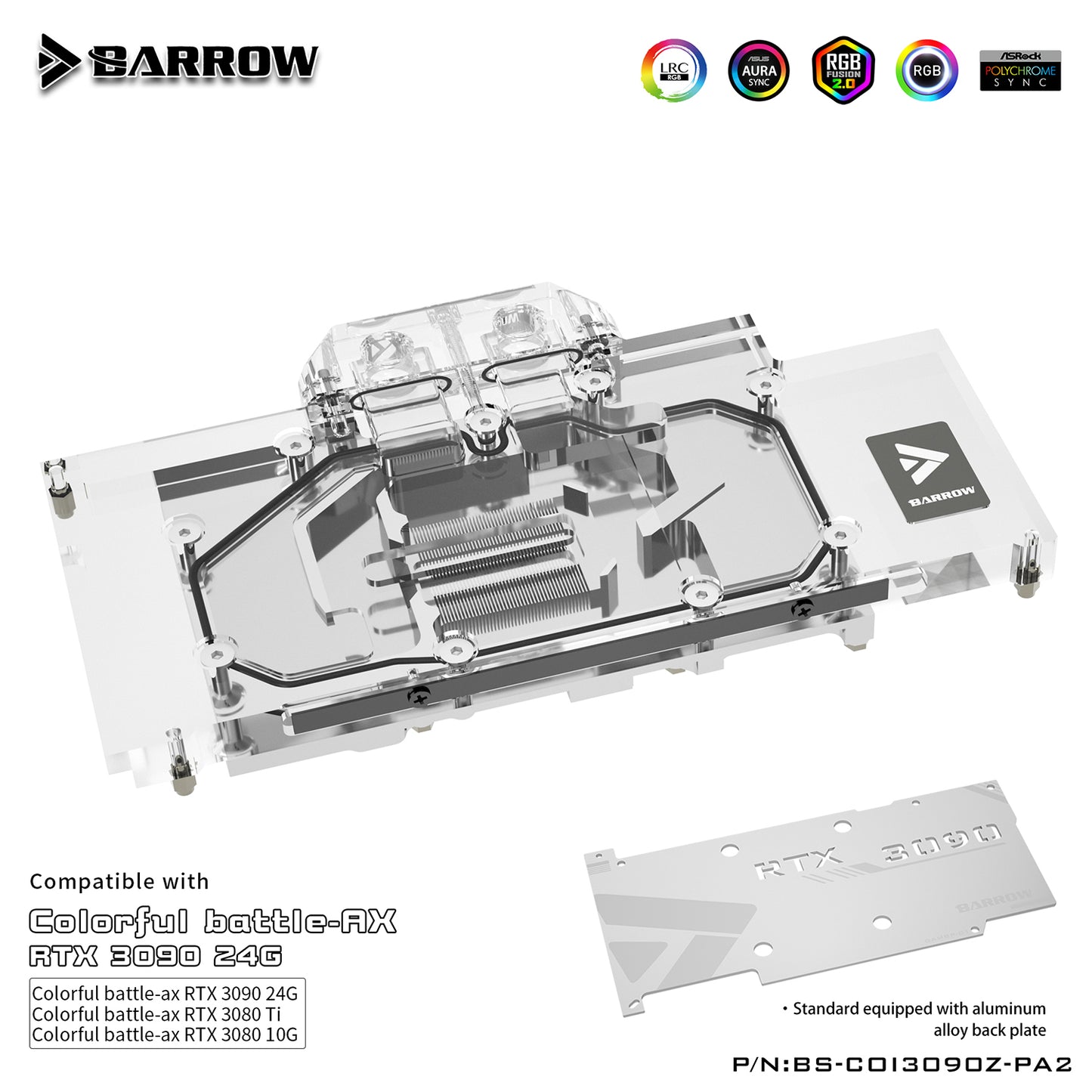 Barrow 3090 3080 GPU Water Block For Colorful BATTLEAX 3090/3080, Full Cover 5v ARGB GPU Cooler, BS-COI3090Z-PA2