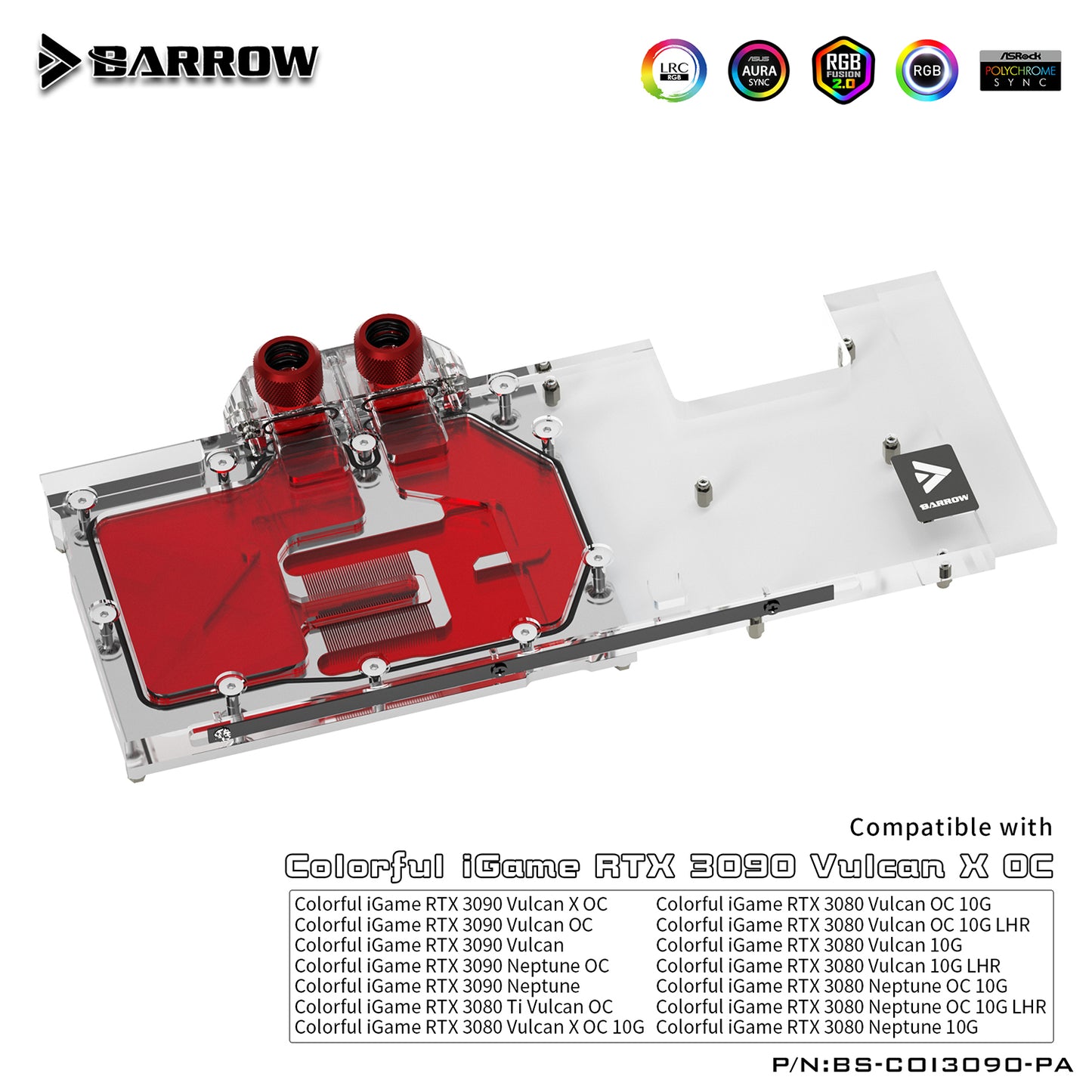 Barrow 3080 3090 GPU Water Block For Colorful iGame RTX 3080 3090 Vulan X OC, Full Cover ARGB GPU Cooler, BS-COI3090-PA