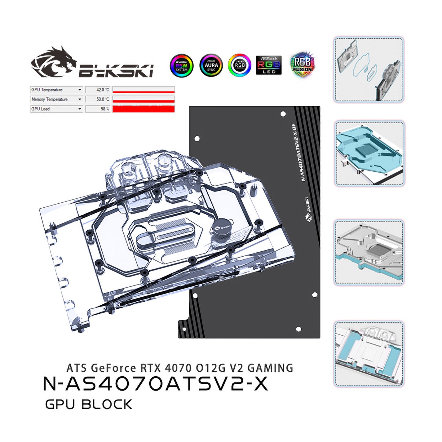 Bykski GPU Water Block For ASUS ATS GeForce RTX 4070 O12G V2 GAMING, Full Cover With Backplate PC Water Cooling Cooler, N-AS4070ATSV2-X