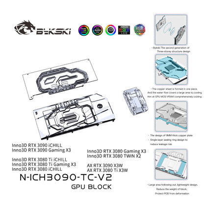 Bykski GPU Block With Active Waterway Backplane Cooler For Inno3D RTX 3090/3080Ti/3080 ICHILL / Gaming, AX 3090/3080Ti X3W, N-ICH3090-TC-V2