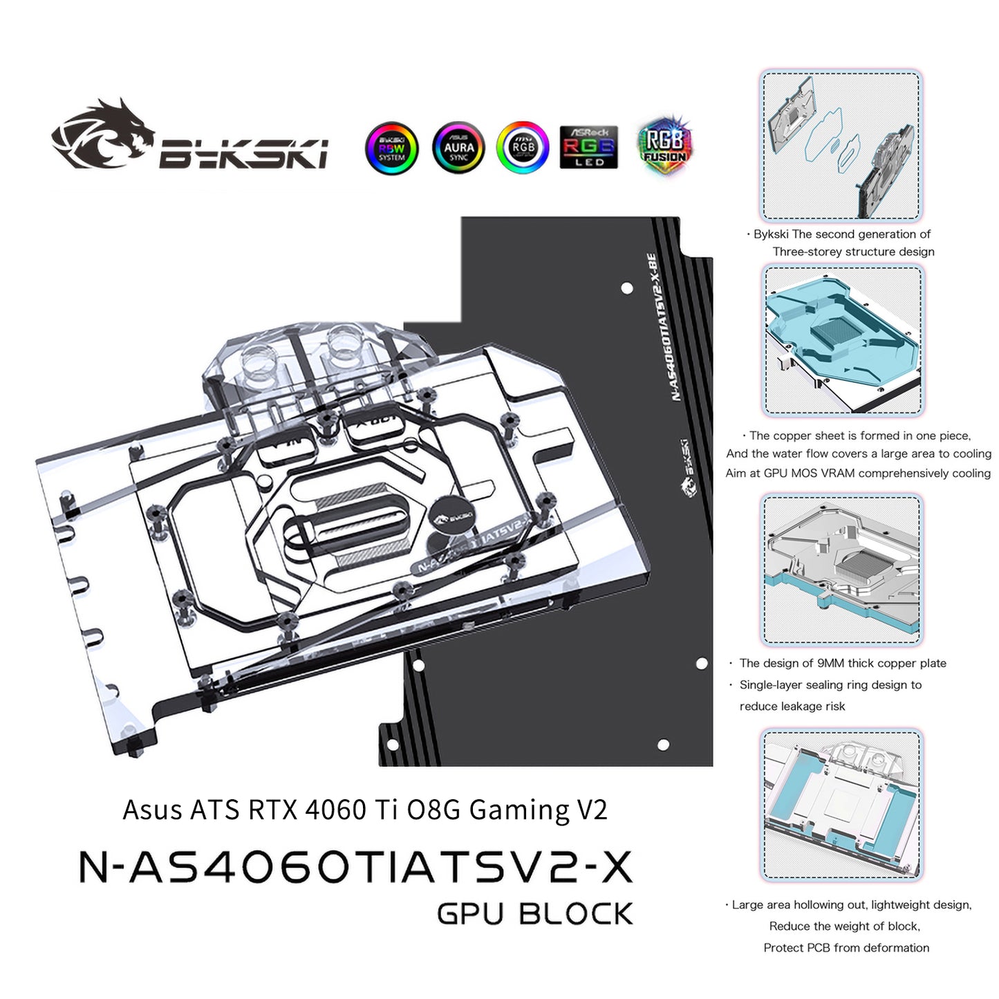 Bykski GPU Water Block For Asus ATS RTX 4060 Ti O8G Gaming V2 , Full Cover With Backplate PC Water Cooling Cooler, N-AS4060TIATSV2-X