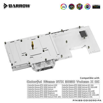 Barrow 3080 3090 GPU Water Block For Colorful iGame RTX 3080 3090 Vulan X OC, Full Cover ARGB GPU Cooler, BS-COI3090-PA