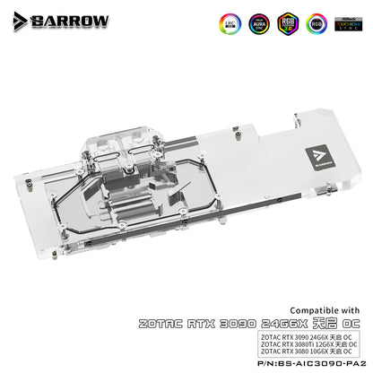 Barrow 3090 GPU Block Full Cover Graphics Card Water Cooling Blocks, For ZOTAC RTX 3090 TQ OC, BS-AIC3090-PA2