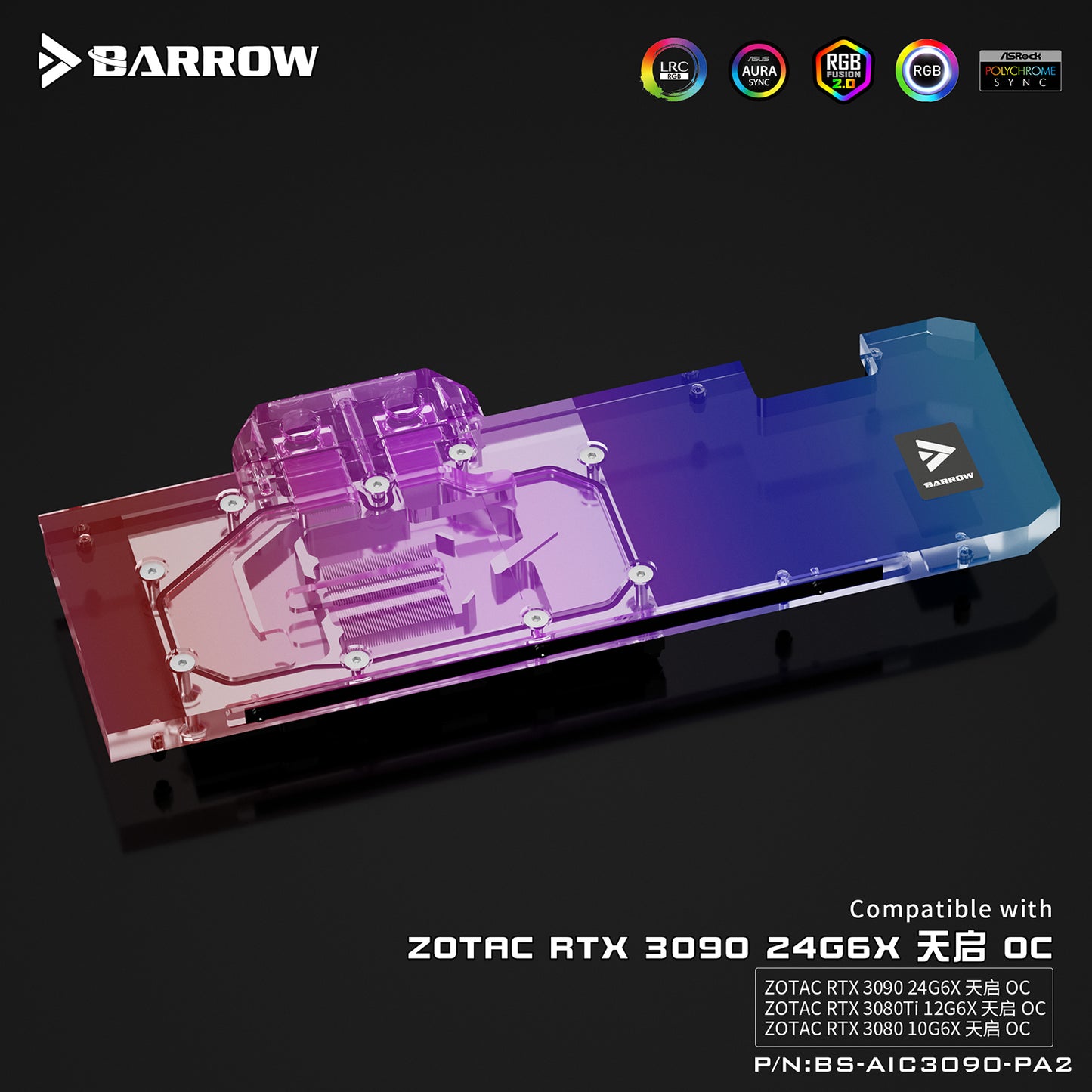 Barrow 3090 GPU Block Full Cover Graphics Card Water Cooling Blocks, For ZOTAC RTX 3090 TQ OC, BS-AIC3090-PA2