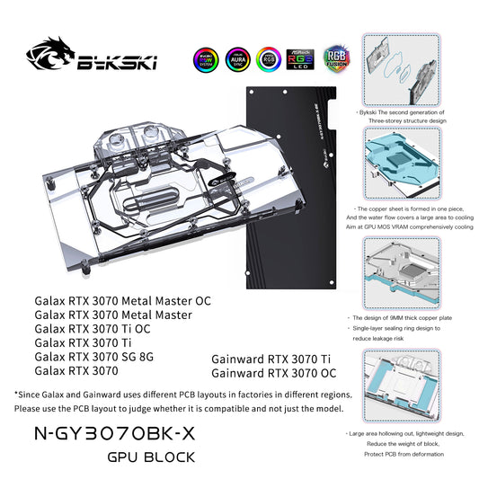 Bykski GPU Bloc de refroidissement par eau pour GALAX Gainward RTX 3070 3070Ti Metal Master / SG, Refroidisseur à couverture complète Refroidisseur GPU, N-GY3070BK-X 